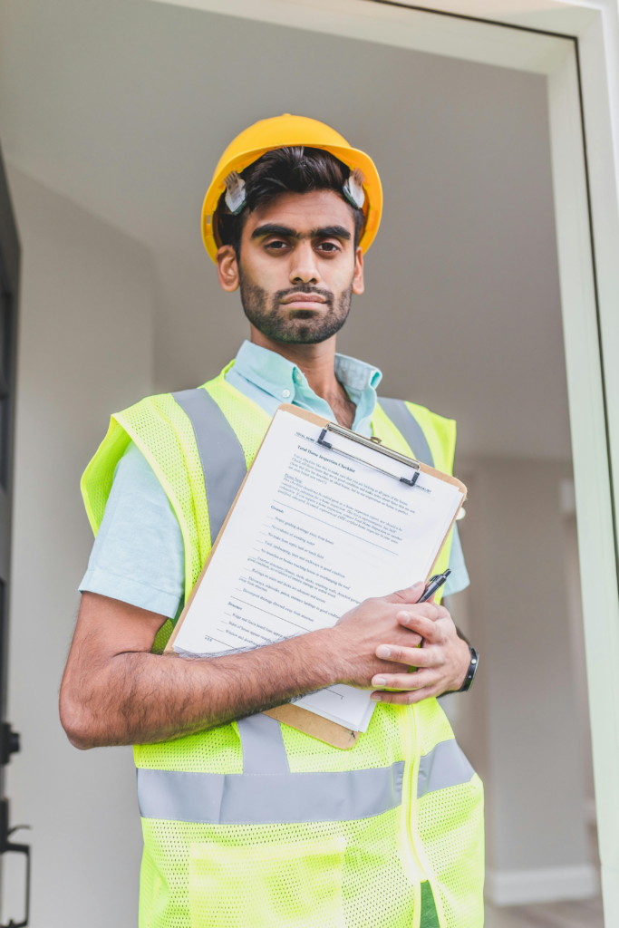 A construction worker in a hard hat and vest holding a clipboard indoors.