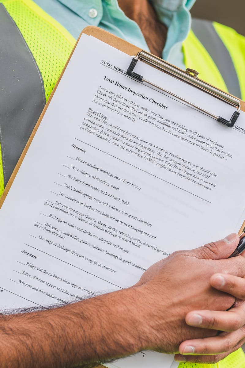 Close-up of home inspector holding a checklist on a clipboard with a pen.